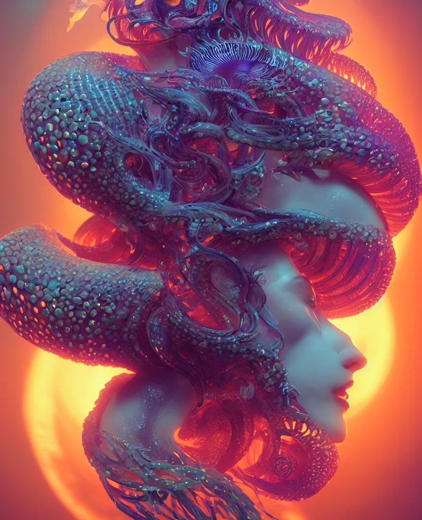 Image similar to goddess close-up portrait. chimera orchid jellyfish phoenix head, nautilus, skull, betta fish, bioluminiscent creatures, intricate artwork by Tooth Wu and wlop and beeple. octane render, trending on artstation, greg rutkowski very coherent symmetrical artwork. cinematic, hyper realism, high detail, octane render, 8k