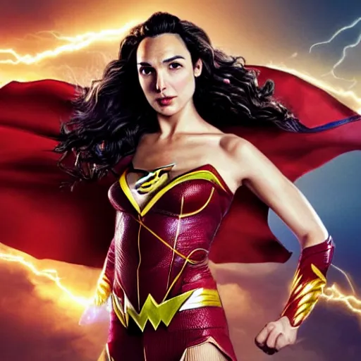 Image similar to an potrait of gal gadot cast of the flash, and wearing a flash suit, photorealistic, high detail, full body shot.
