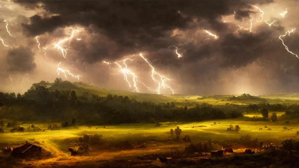 Prompt: the most beautiful panoramic landscape, oil painting, rain on a farm, menacing clouds, night, lightning, cinematic lighting, highly detailed, very realistic