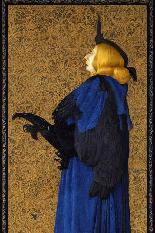 Prompt: portrait in profile of an anthropomorphic black crow wearing a blue velvet waistcoat, by Donato Giancola and John Bauer and Vermeer, gold embroidery, iridescent beetles, rich color, featured on Artstation, cgisociety, unreal engine, extremely detailed