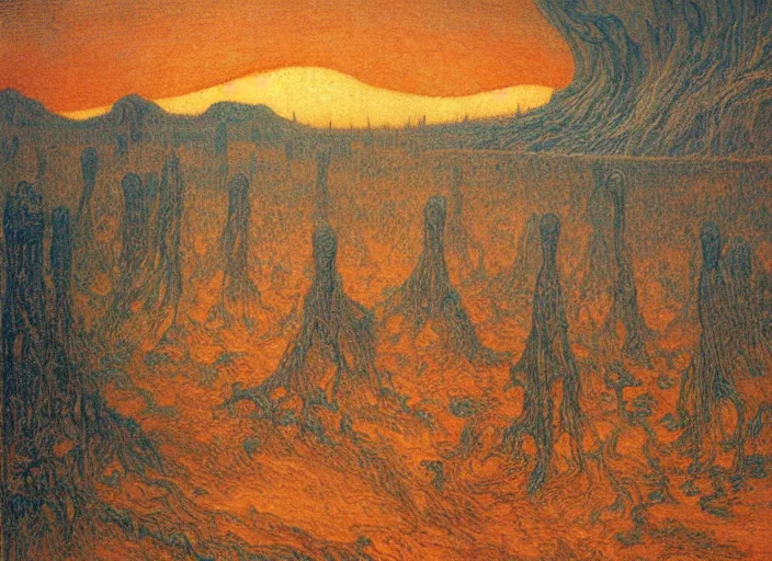 Image similar to a haunting landscape with wandering blobby orange wraiths, painting by jean delville,