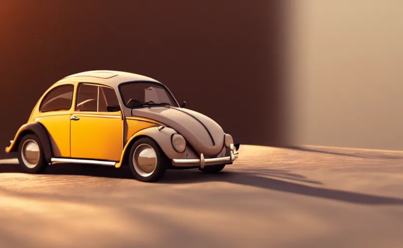 Image similar to a miniature of a VW Beetle on a bookshelf near a window at sunset, DOF, octane render, unreal engine 5, godrays, complementary colors, calm, symmetrical, highly detailed, high quality, 4k, beautiful, hyperrealistic