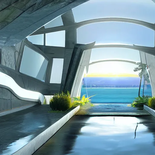 Prompt: video game set inside a beautiful futuristic mansion, mirror's edge, clean, views to the ocean, elegant study