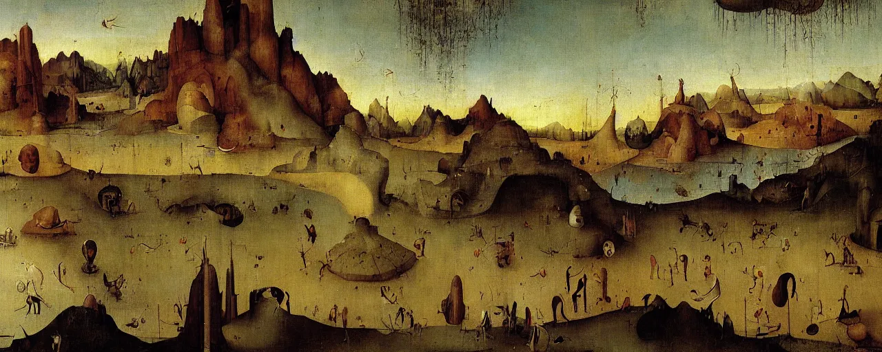 Prompt: Desert Oasis Triptych by Hieronymus Bosch, surreal oil painting, highly detailed, dream like, masterpiece