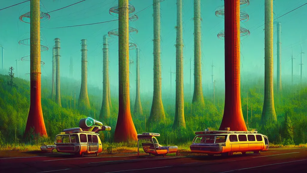 Image similar to Clean, Cheap Abundant,Nuclear Energy Future, Forest in Harmony with Nature; Location: San Francisco, California; by Simon Stålenhag; retro-futuristic ; retro natural-futurism;