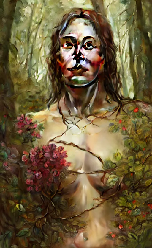Image similar to elon musk god of the forest, 3 0 years old, rugged, female, gorgeous, detailed face, amazing, thighs, flowers, muscular, intricate, highly detailed, digital painting, artstation, concept art, sharp focus, illustration, art by greg rutkowski and alphonse mucha