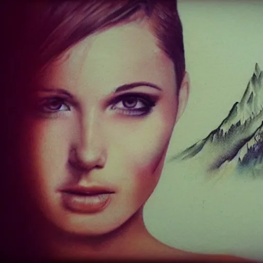 Prompt: realistic tattoo sketch of a beautiful woman face double exposure with a mountain scenery