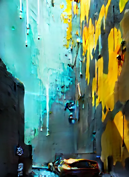 Image similar to matte painting extreme offset 3 d calligraphy graffiti mural dripping paint wall extreme maximalism by atey ghailan, by greg rutkowski, by greg tocchini, by james gilliard, by joe fenton, yellow, brown, black and cyan color scheme, octane render