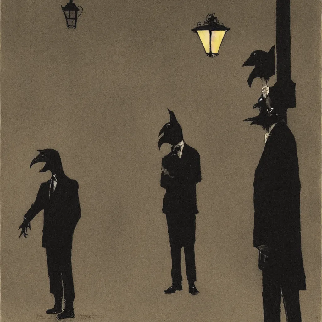 Image similar to a man wearing a suit and a raven mask standing in the middle of a street illuminated by a lone street lamp, by norman rockwell, cinematic lighting, detailed drawing