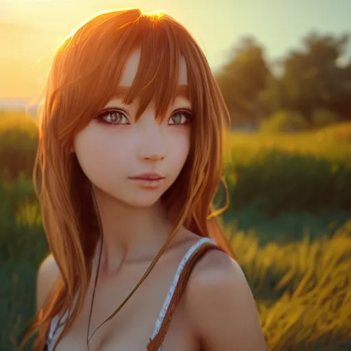 Prompt: Render of a very beautiful anime girl, long hair, hazel eyes, cute freckles, full round face, short smile, cute sundress, golden hour, serene beach setting, medium shot, mid-shot, highly detailed, trending on Artstation, Unreal Engine 4k