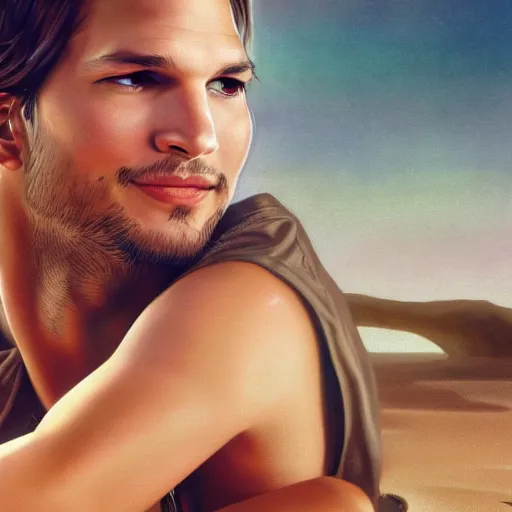 Image similar to a beautiful and detailed portrait of ashton kutcher in the movie cast away, viewed in profile from far away, ultrawide lens, art by artgerm and greg rutkowski and alphonse mucha, volumetric lighting, octane render, 4 k resolution, trending on artstation, masterpiece