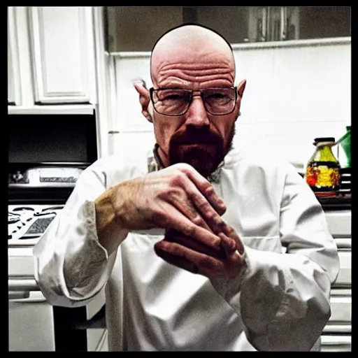 Prompt: walter white cooking lean