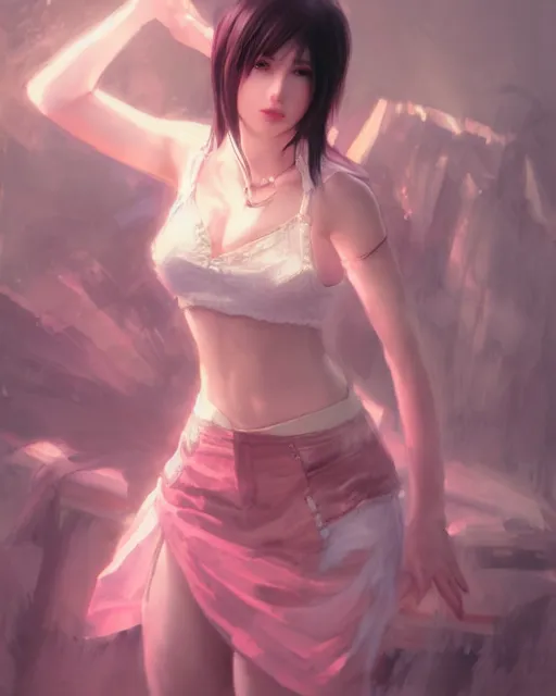 Prompt: tifa lockhart in pastel pink lace skirt, portrait, illustration, rim light, top light, perfectly shaded, soft painting, art by ross tran, krenz cushart and wenjun lin