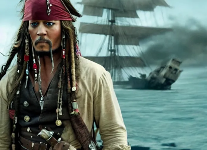 Image similar to film still of john cena as captain jack sparrow in the new pirates of the carribean movie, 4 k