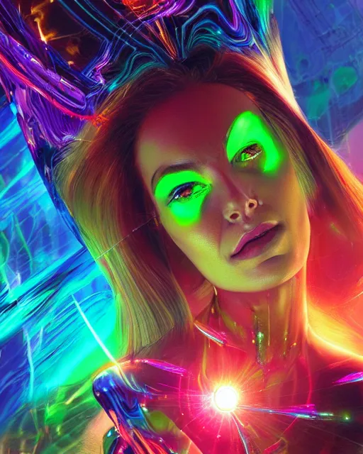 Image similar to a powerful energy psychedelic matrix woman, by alexander fedosav, hyper detailed digital matte painting, concept art, hyperrealism, 1 6 k resolution, cinema 4 d, 8 k resolution, trending on artstation, behance hd, a masterpiece, by stephan martiniere, particles, cel - shaded, power bright neon energy, by david a. hardy,