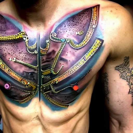 Prompt: chest tattoo of a 3 d hole in the skin with a shiny multicolored metallic gears and tubes robotic mechanics inside under the skin, insanely integrate,