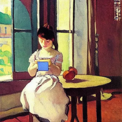 Image similar to a girl with phones on a table sits at a table in a sunny room, the window is open, peaches on a table, by valentin serov