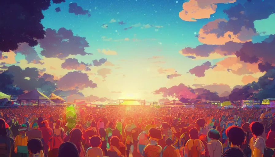 Image similar to A highly detailed digital art painting of a music festival with a bright shimmering sky by Studio Ghibli, Mokoto Shinkai, by Artgerm, by beeple, volumetric lighting, octane render, 4K resolution, trending on artstation, vivid colours