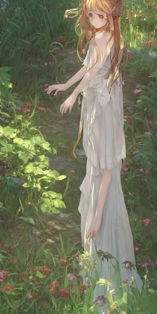 Image similar to a digital art of a loli with long hair in a dress in the privet garden at after noon, green and warm theme, back lighting, by krenz cushart and mucha and akihito yoshida and greg rutkowski and makoto shinkai, extremely long shot, detailed eyes, 4 k resolution, trending on art station