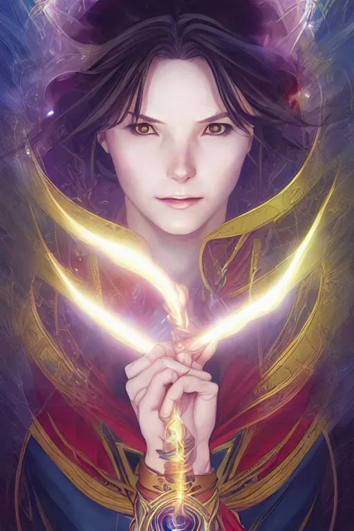 Image similar to anime key visual of a beautiful young female doctor strange, marvel comics, spells, magic, intricate, magical village, stunning, highly detailed, digital painting, artstation, smooth, hard focus, illustration, art by artgerm and greg rutkowski and alphonse mucha