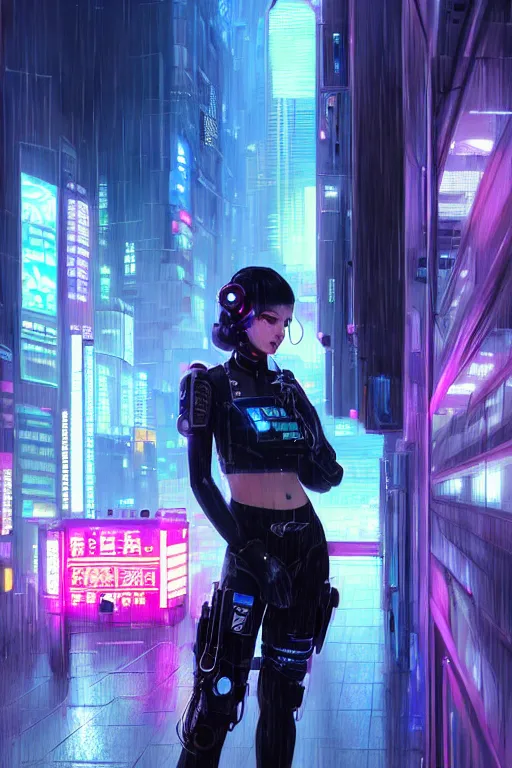 Image similar to portrait futuristic beautiful cyberpunk female police, in heavy rainning futuristic tokyo rooftop cyberpunk night, ssci-fi, fantasy, intricate, very very beautiful, elegant, neon light, highly detailed, digital painting, artstation, concept art, soft light, hdri, smooth, sharp focus, illustration, art by tian zi and craig mullins and WLOP and alphonse mucha