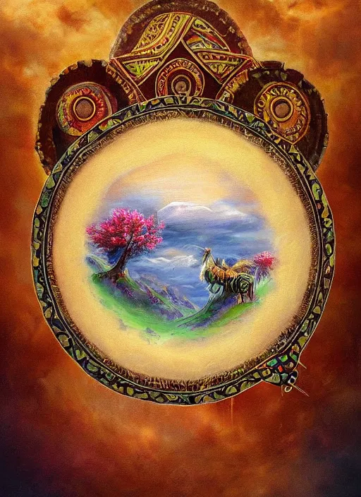 Image similar to a beautiful painting of a highly decorated round shamanic drum on the ground, with a beautiful cloudy sky, fantasy art, matte painting