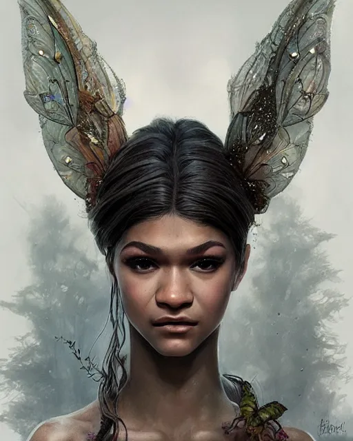 Prompt: zendaya as a fairy, hyper realistic face, beautiful eyes, fantasy art, in the style of greg rutkowski, intricate, hyper detailed, smooth