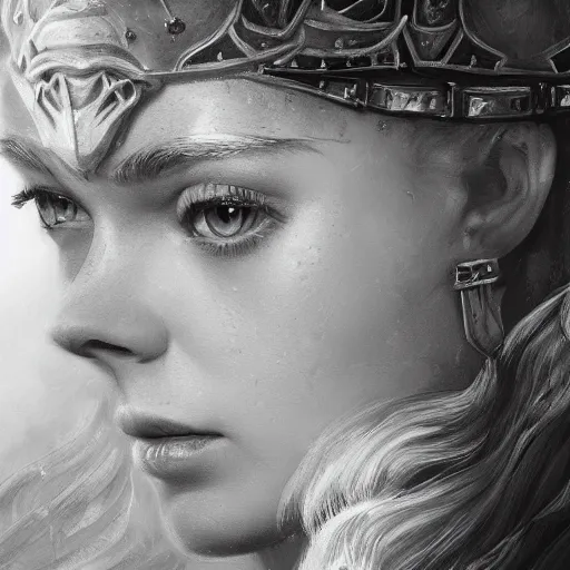 Prompt: ultra realistic portrait painting of elle fanning as a medieval knight, art by frank frazetta, 4 k, ultra realistic, highly detailed, epic lighting