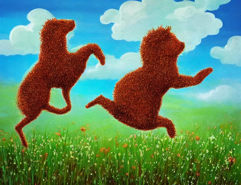 Prompt: wild, lush chia pet hopping in the meadow, stormy skies. russian fairytale art, gouache, dynamic composition, backlighting