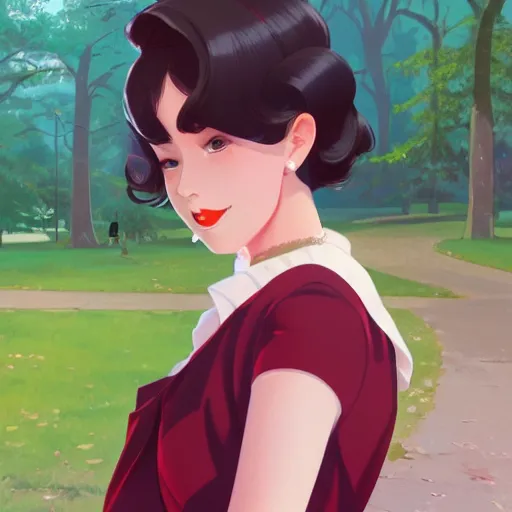 Image similar to portrait of a beautiful girl with dark hair dressed in 1950's fashion, park background, rich vivid colors, ambient lighting, dynamic lighting, 4k, official media, anime key visual, makoto shinkai, ilya kuvshinov, lois van baarle, rossdraws, detailed, trending on artstation