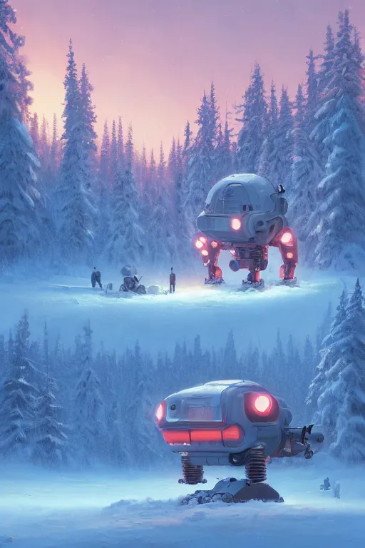 Prompt: mech at snow in finland, highly detailed, scifi, fantasy, highly detailed, digital painting, trending on artstation, concept art, sharp focus, illustration, global illumination, shaded, art by simon stalenhag