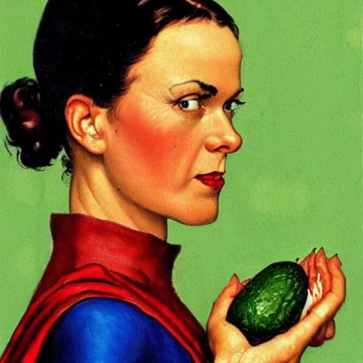 Prompt: Frontal portrait of a superheroine with avocado powers. Painting by Norman Rockwell.