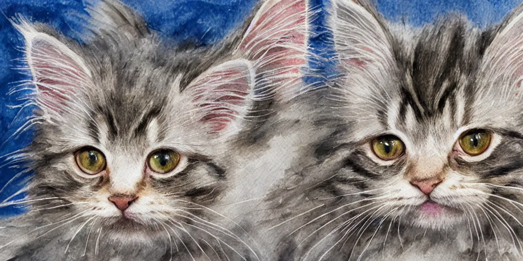 Image similar to shower curtain product catalog. on the curtain is a watercolor with ink under drawing of one maine coon kitten with its toy. wide - angle product photography, product lighting. 4 k, highly detailed. saturated.