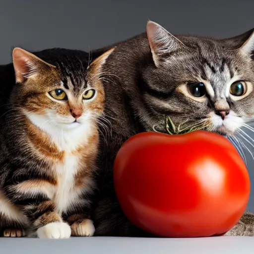 Prompt: photo of giant [ tomato ] next to a cat taken with canon eos - 1 d x mark iii, bokeh, sunlight, studio 4 k