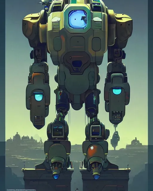 Image similar to bastion the friendly robot from overwatch, character portrait, portrait, close up, concept art, intricate details, highly detailed, vintage sci - fi poster, retro future, in the style of chris foss, rodger dean, moebius, michael whelan, and gustave dore