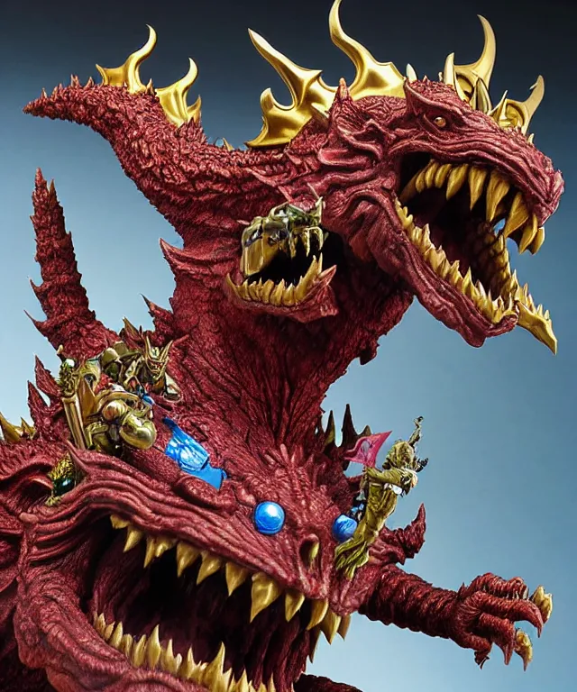 Prompt: a hyperrealistic rendering of an epic boss fight against ornate king emporer jewel crown war armor battle kaiju beast god by art of skinner and richard corben, product photography, collectible action figure, sofubi