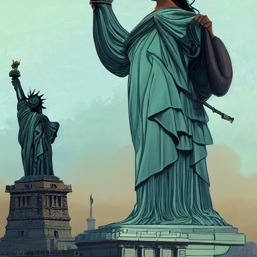 Prompt: alexandra ocasio - cortez hugging lady liberty, highly detailed digital painting, artstation, concept art, smooth, sharp focus, illustration, art by artgerm and greg rutkowski and alphonse mucha