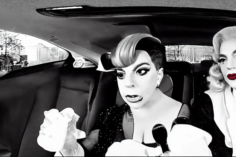 Prompt: lady gaga and judy garland doing carpool karaoke, lady gaga and judy garland, carpool karaoke, lady gaga, judy garland, carpool karaoke, youtube video screenshot, the late late show with james corden, higly realistic, high resolution, dashcam