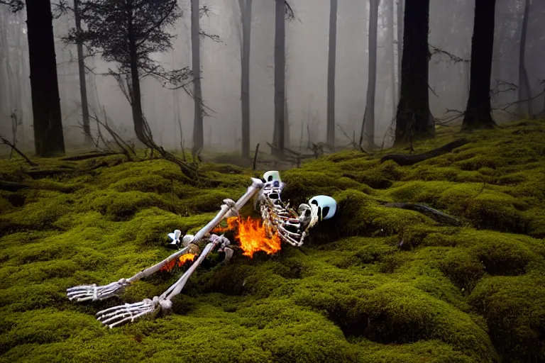 Prompt: a burning with fire human skeleton sitting behind computer, overgrown with moss, in foggy forest, at night with moon, dark atmosphere, by carus carl gustav