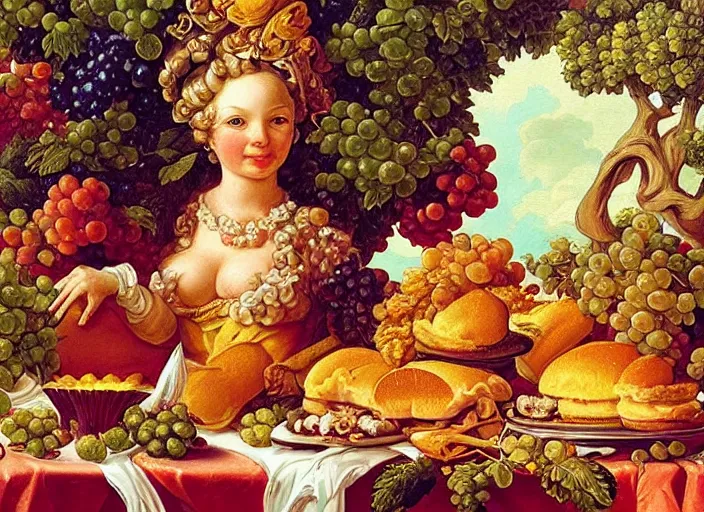 Prompt: baroque rococo painting 🍇🍍🍔 portrait by Greg Hildebrandt high detail elaborate fancy cake