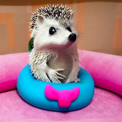 Image similar to a hedgehog sitting on top of an inflatable unicorn bathing toy