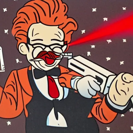 Image similar to colonel sanders shooting ronald mcdonald in the knee with a laser gun