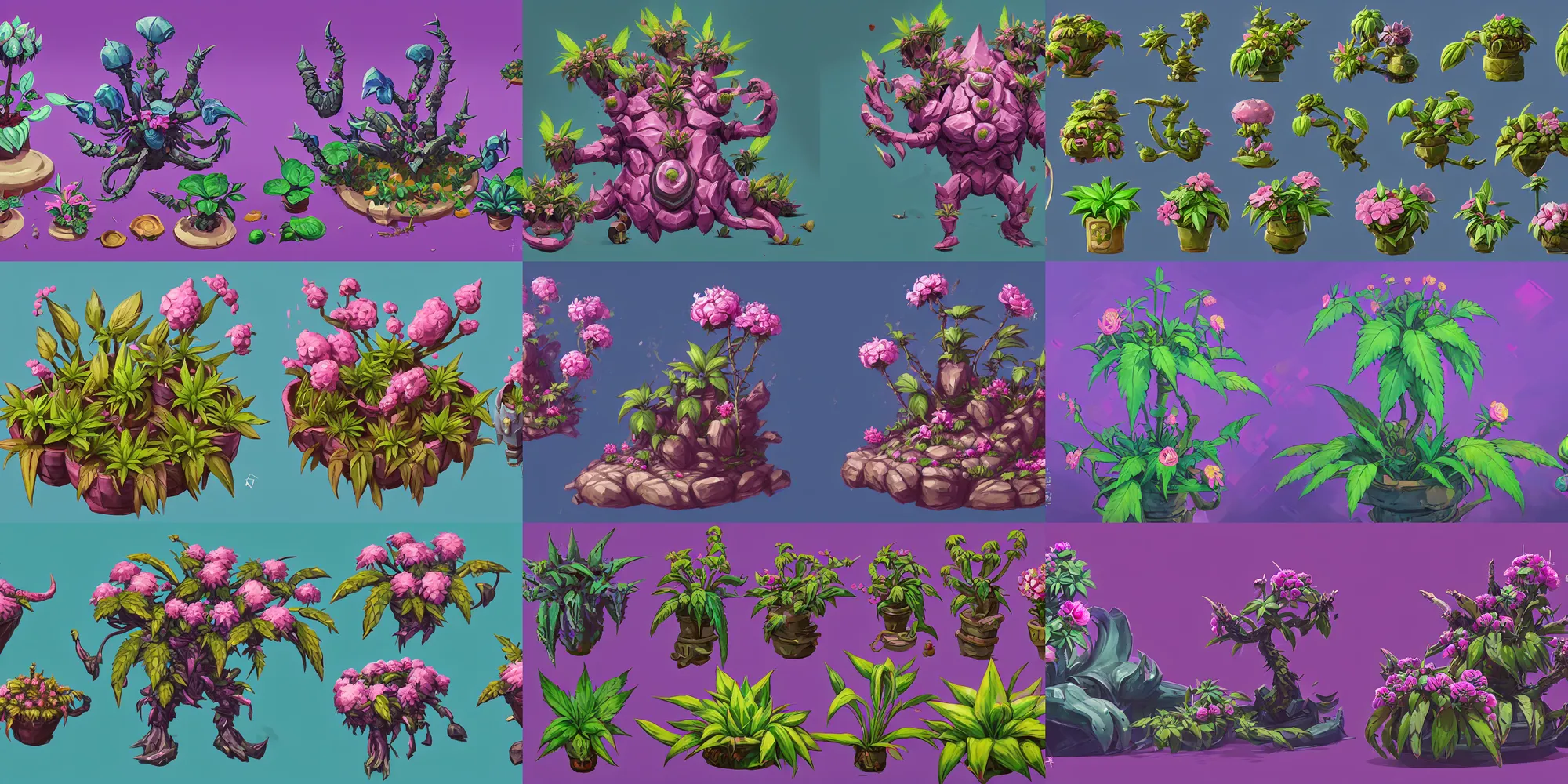 Prompt: game asset of zerg corrupted exotic pot plants and flowers, bonzai, in gouache detailed paintings, props, stylized, 2 d sprites, kitbash, arcane, overwatch, blue and pink color scheme, 8 k, close up