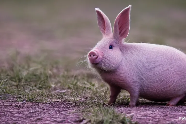 Image similar to a pig bunny!!! hybrid! hyper realistic!! realistic lighting!! wildlife photographer of the year!!! bold natural colors, national geographic, hd, wide angle, 8 k