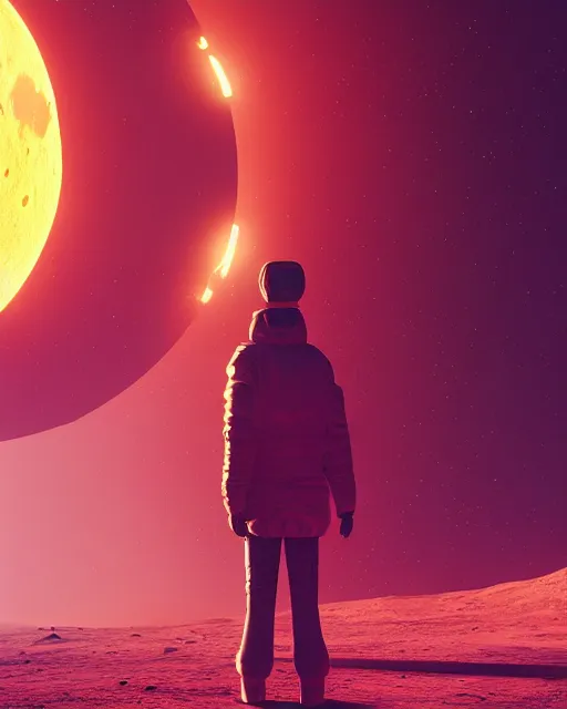 Image similar to a common person standing in front of a glowing open door that's on the moon, poster art by mike winkelmann, trending on cg society, space art, sci - fi, ue 5, futuristic, volumetric lighting