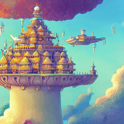 Image similar to intricate illustration, of flying castle, ghibli colorful, cinematic composition