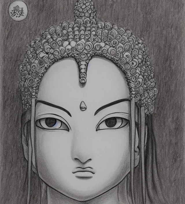 Prompt: buddhist drawing painting of a beautiful girl portrait in miyazaki toriyama escher gantz onepunchman style detailed trending award winning