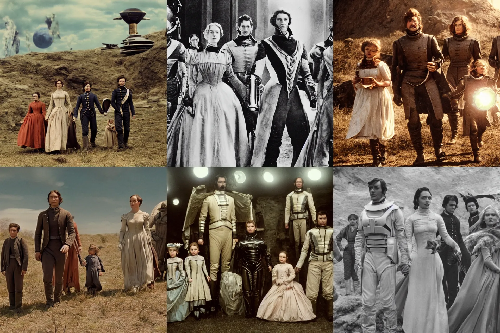 Prompt: 35mm still from a sci fi blockbuster movie made in 222, set in 1860, of a family leaving a spaceship, that has just landed on an alien planet, wearing 1850s era clothes, cinematic lighting, 4k, in focus faces, oscar winner, high quality photography