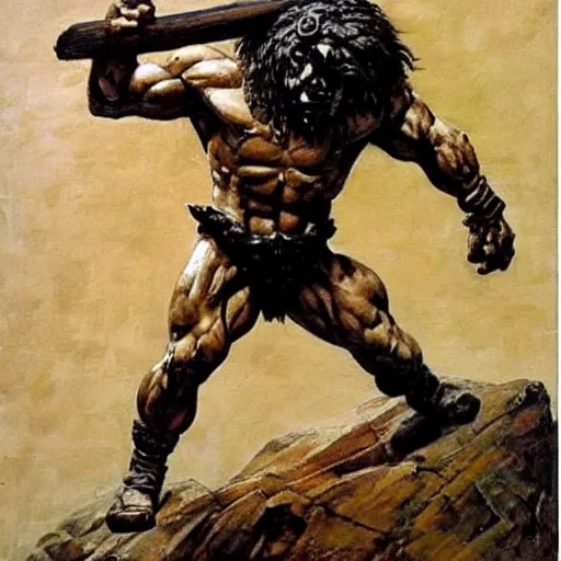 Image similar to muscular lion as barbarian hunter full body ,human legs ,very textured detailed oil painting by Frank Frazetta