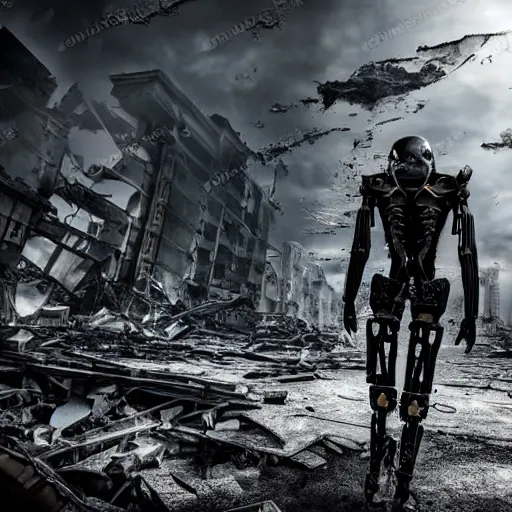 Image similar to dark picture of a metalic terminator exoskeleton walking on a destroyed city, 8 k, uhd, gloomy background, golden hour, 5 0 0 mm